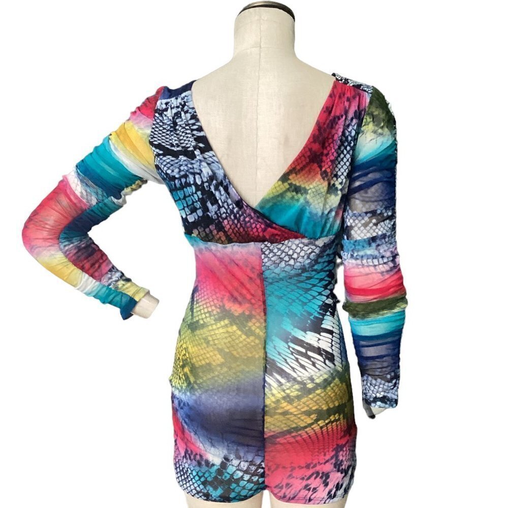 Women's Contemporary Ruched Sleeve Surplice Mini Dress Mixed Pattern S/M #186i - Picture 6 of 7